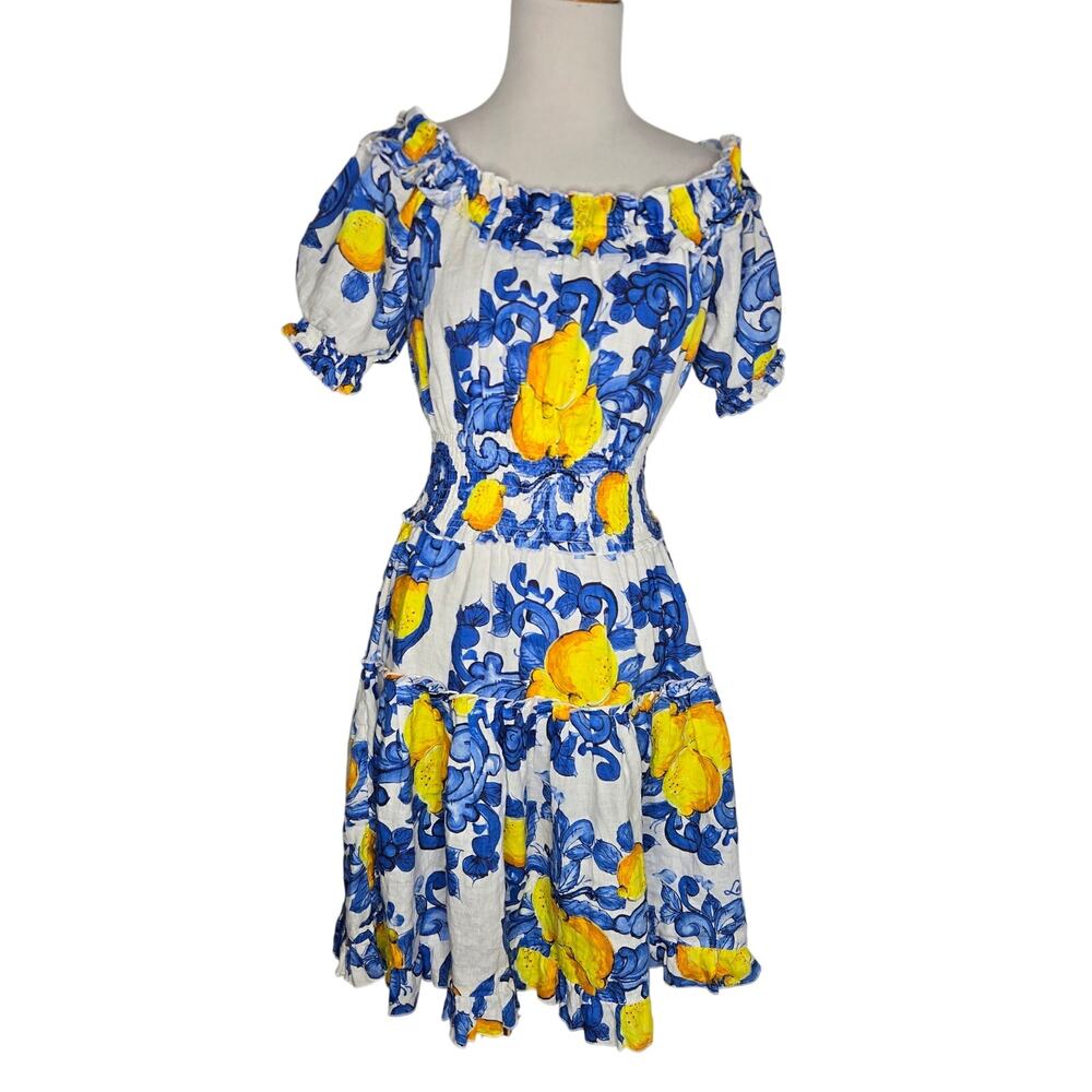 Luisa Positano Womens Linen Lemon Print Dress Smocked Euro Summer Italy XS